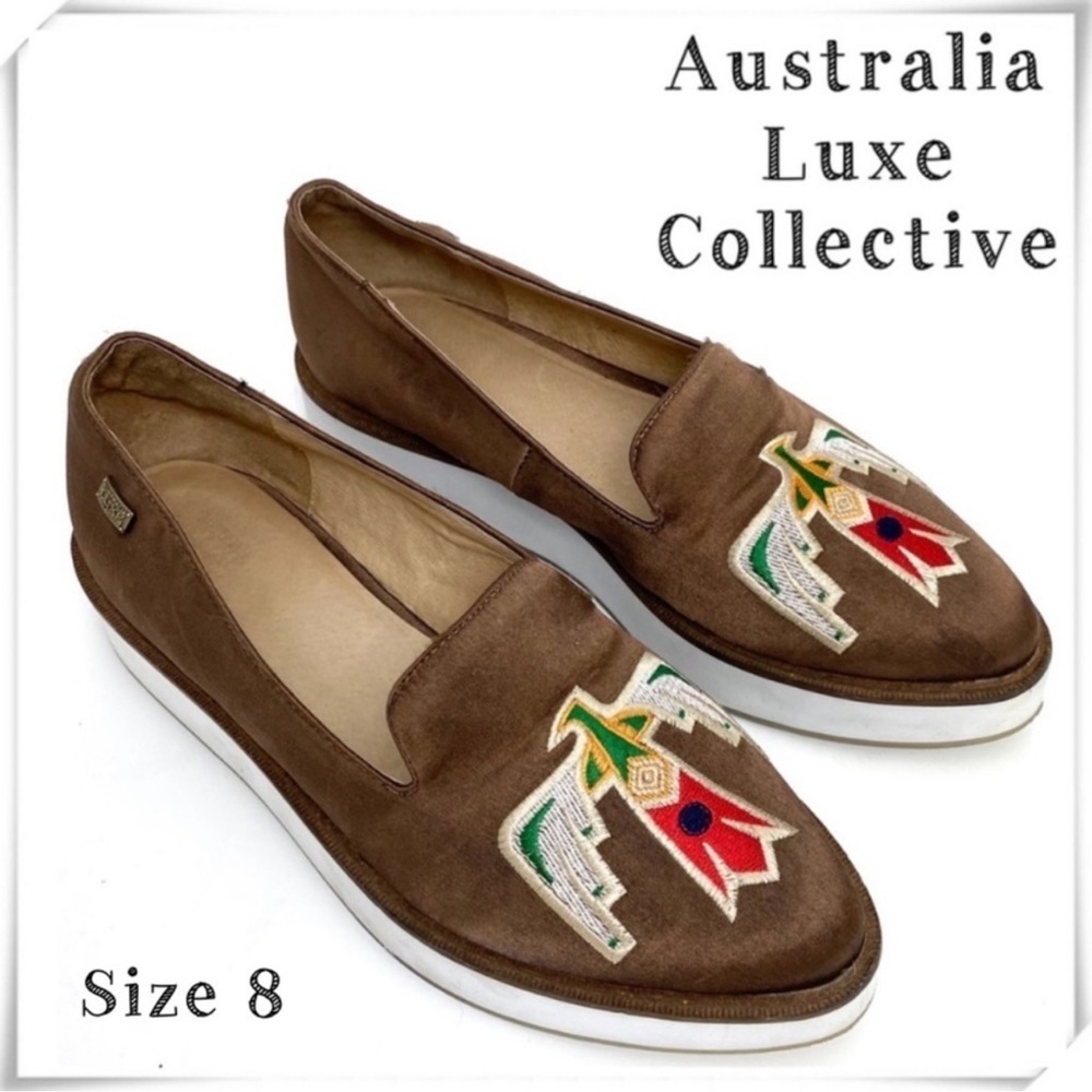 Australia Luxe Collective Eagle Embroidered Platform Loafers Silk Brown Size 8